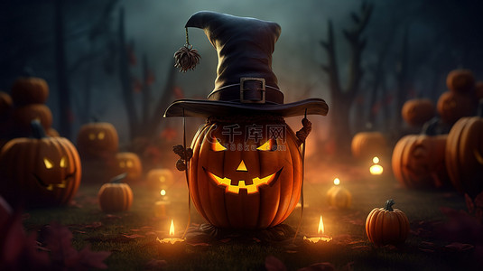 幽灵般的季节 3D 渲染杰克灯笼南瓜角色在万圣节的月光下戴上女巫帽子和大锅
