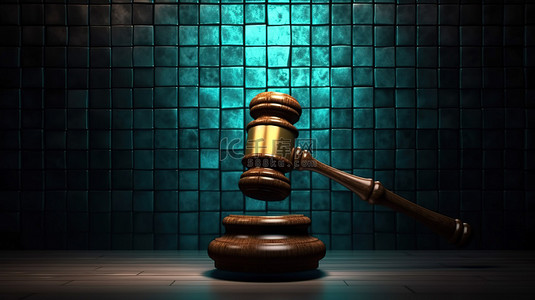 法院开庭背景图片_背光法庭 3D 渲染法官的木槌和隔音块靠在暗墙上