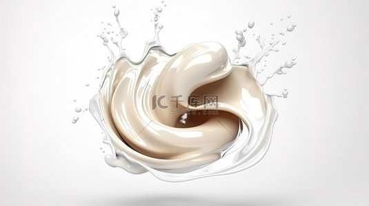 白色背景上飞溅的旋转牛奶液体的 3D 渲染插图