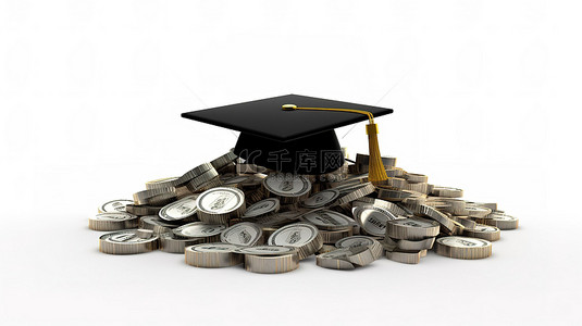 带有毕业帽和货币堆的白色背景的 3D 渲染