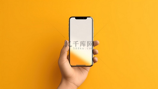 手拿手机的男子背景图片_可爱的手在 3D 充满活力的黄色背景上抓握手机并与之互动