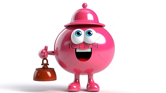 草莓粉色釉面甜甜圈吉祥物的 3D 渲染，在白色背景上拿着酒店服务铃