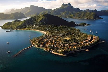 一座小岛的鸟瞰图，岛上有几家酒店