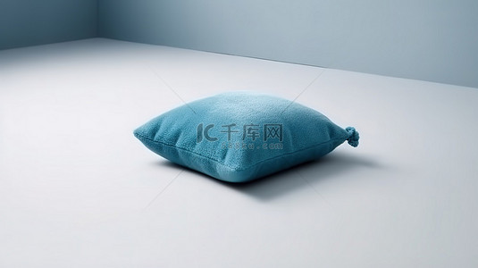 放置在白色地毯背景上用于产品展示的柔软蓝色枕头的 3D 渲染