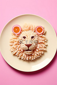 英语可爱背景图片_粉色背景上展示着用谷物制成的狮子的盘子