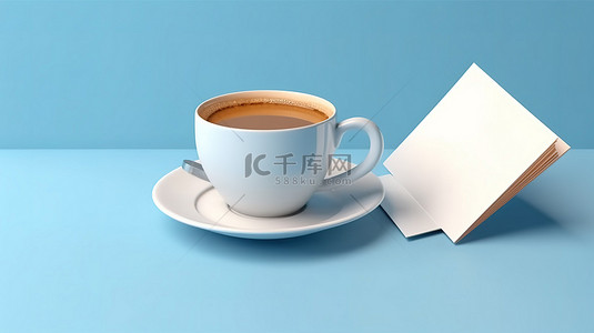 蓝色背景与 3D 咖啡和白色便条卡