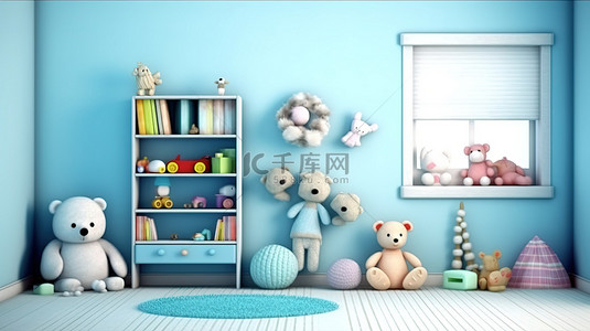 充满毛绒动物玩具的儿童卧室的 3D 渲染插图