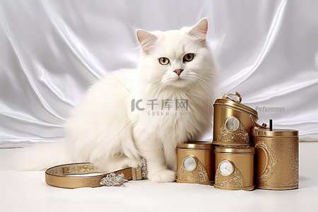 金猫背景图片_雪背景中的一只白猫和金罐