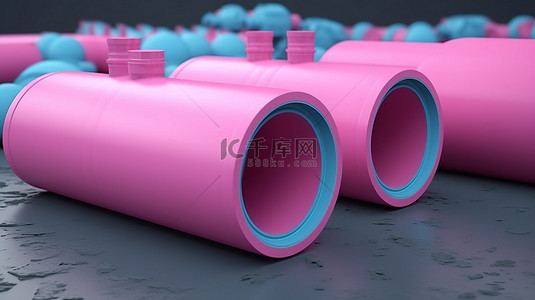 天然气管道的 3d 渲染钢管的蓝色侧视图，具有粉红色的阀门和气瓶