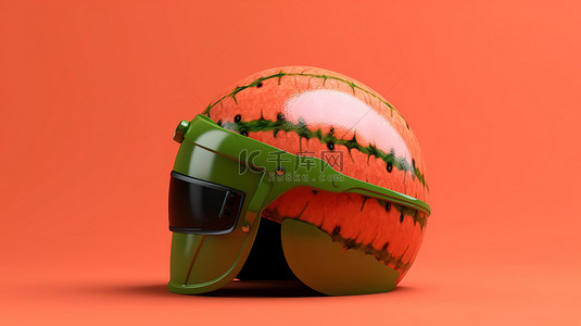 西瓜主题头盔在橙色背景下的 3D 渲染设置