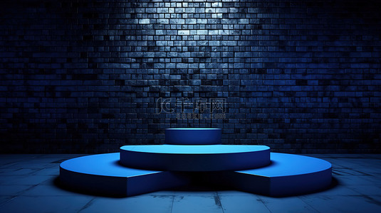 几何深蓝色背景图片_几何深蓝色砖墙背景上的 3D 产品展示台