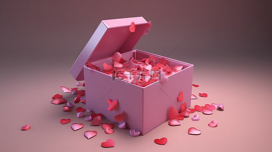 粉情人节背景图片_明信片的 3D 渲染，带有装饰着粉红色心形的礼品盒