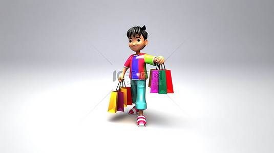 搞笑 3D 亚洲青少年提着购物袋
