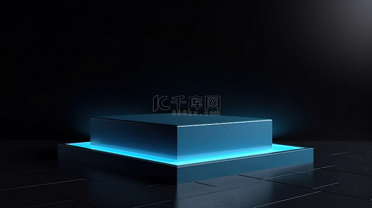 深色背景下 3D 渲染中的空白蓝框讲台舞台