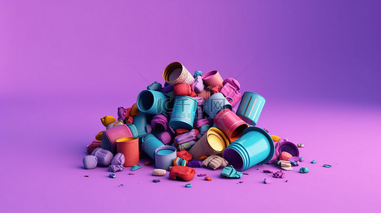 地球紫色背景图片_蓝色和紫色背景上描绘的各种废物在 3D 渲染中回收主题垃圾