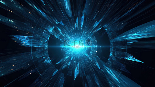 霓虹蓝色超空间隧道，带 4k uhd 星空背景 3d 插图