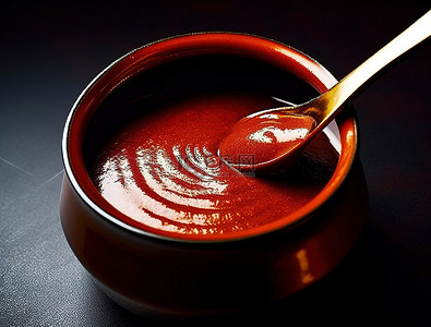 深红色的桌子上放着一锅调味酱