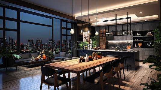 优雅的厨房和用餐区闪烁着明亮的夜间照明 3D 渲染的高档公寓内部插图