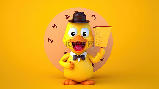 可爱的黄色卡通鸭吉祥物，在 3D 渲染中充满活力的背景上带有信息图形业务饼图