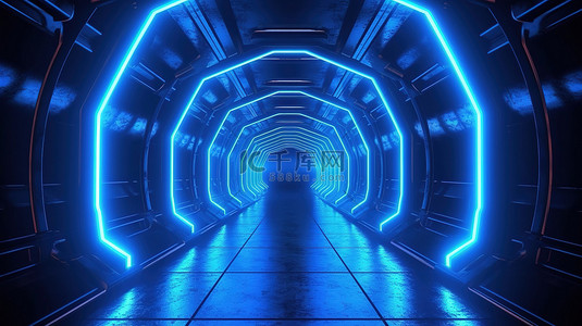 未来派霓虹灯走廊蓝色激光照明门户的 3D 插图