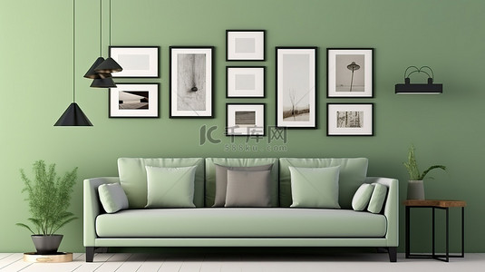 多个相框背景图片_现代绿色客厅配有沙发和家具，装饰有多个相框 3D 渲染