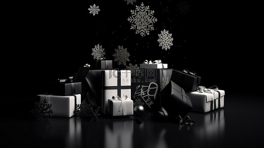 在黑色背景 3D 渲染上采用雪花设计的礼品盒和购物袋的大量黑色星期五促销活动