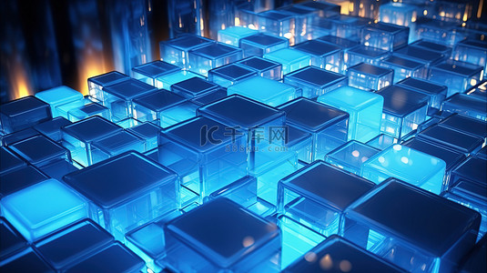 令人难以置信的蓝色立方体和发光面板的 3D 插图描绘了未来的技术景观