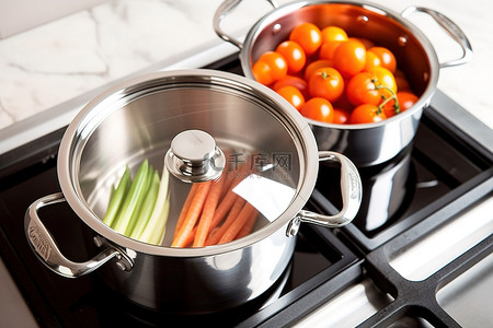 炉子上的不锈钢烹饪锅，里面有胡萝卜和西红柿