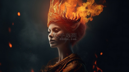 红发背景图片_渲染 3D 插图，显示火女王在激烈的围攻中坚韧地站立