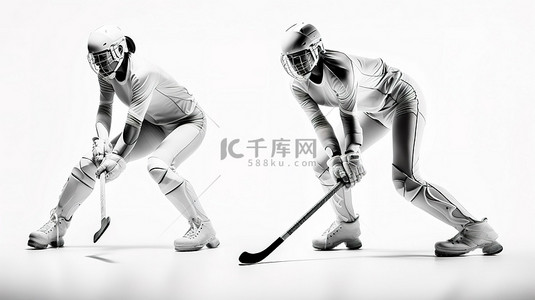女曲棍球运动员在白色背景上用棍子击球的动作 3D 渲染