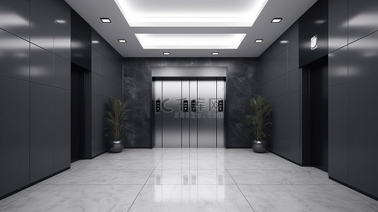 从侧面 3D 渲染看到的内部办公空间中故障电梯旁边的空标志