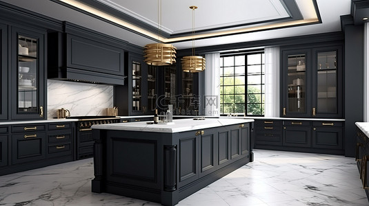 经典厨房的现代风格 黑色橱柜白色大理石台面和地板的 3D 渲染