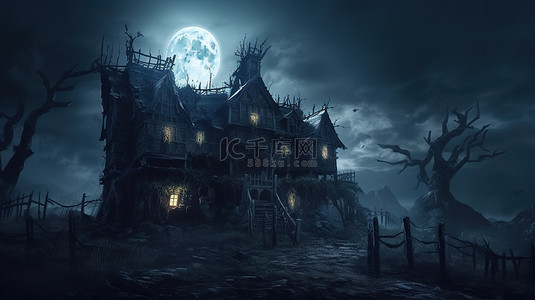 不快乐的背景图片_月光下的幽灵堡垒女巫巢穴的 3D 插图