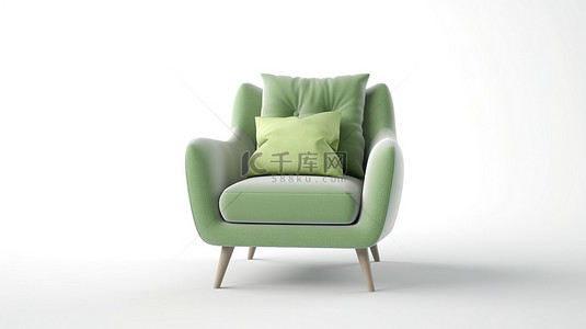 时尚的扶手椅，配有白色背景 3D 渲染的绿色枕头