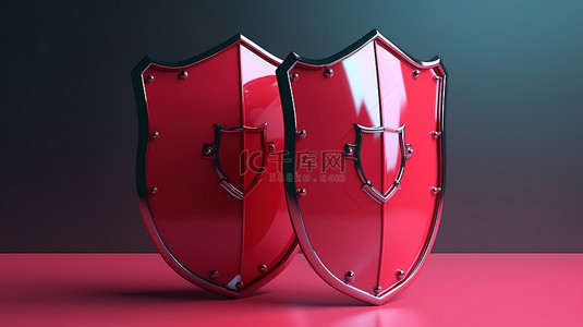 红色双盾图标描绘 3D 渲染概念中的安全保护和安全