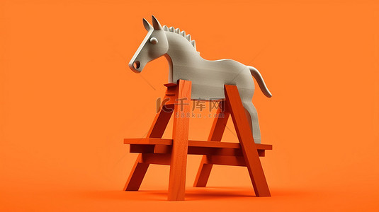 在充满活力的橙色背景下，单色色调锯马的 3D 渲染