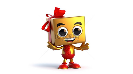 红色奖杯背景图片_白色背景的 3D 渲染，带有金奖奖杯获奖者吉祥物，配有红丝带和礼品盒