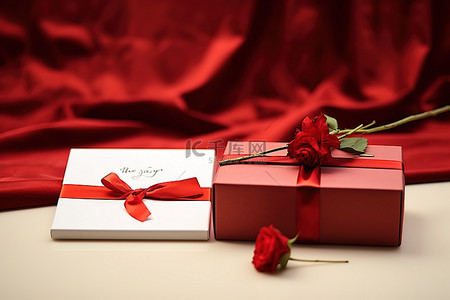 母亲节高分辨率背景图片_带红丝带和卡片的情人节礼品盒