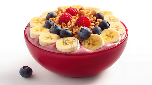 美味的水果背景图片_3D 渲染美味的阿萨伊碗，配有热带水果格兰诺拉麦片香蕉覆盆子麦片和淋上炼乳