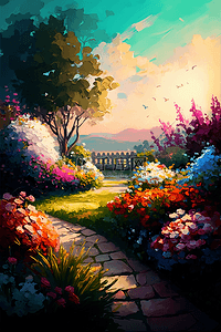 鲜花草地树山脉绚丽的花朵春天的花园花卉油画背景