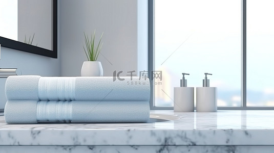 叠好的毛巾背景图片_现代浴室梳妆台，配有毛巾和 3D 设计定制空间