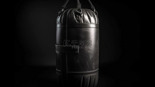 深色背景下体积光照明的黑色皮革拳击沙袋的 3D 渲染