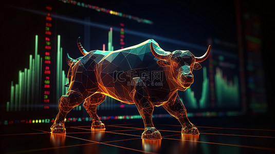 市场调研商业分析背景图片_Radiant Bull 全息图在深色背景下主导外汇图表，代表繁荣的市场，是交易和投资的理想选择，令人惊叹的 3D 渲染