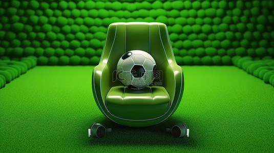 小学体育锻炼背景图片_足球场中心配有足球和耳机的绿色椅子的 3D 渲染