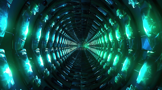 水晶灯背景图片_万花筒 3D 插图中明亮的绿色和蓝色灯照亮的抽象水晶隧道