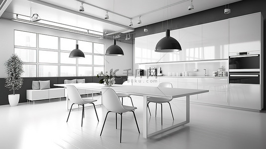 现代简约工作室厨房和餐厅的时尚简约 3D 渲染