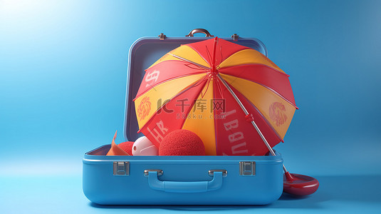 蓝色背景产品促销背景图片_蓝色背景上带有伞球和救生圈的蓝色手提箱的夏季必需品 3D 渲染