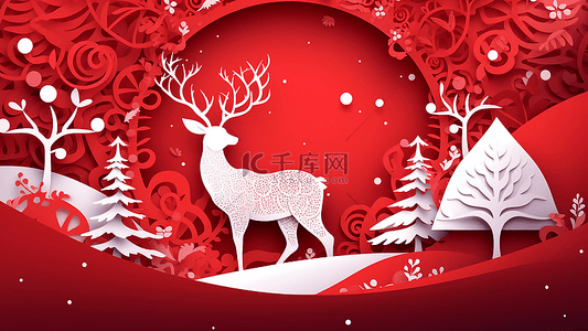 插画白色圣诞树背景图片_圣诞节白色梅花鹿唯美红色
