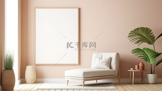 空白墙壁背景图片_宽敞的客厅配有现代而温馨的家居装饰，配有时尚的家具和空白画布