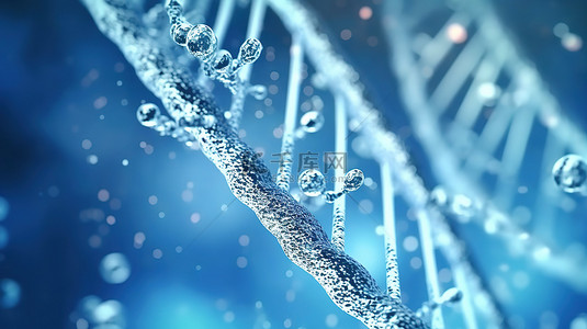 遗传生物技术概念 3D 渲染 DNA 分子结构模型，浅水背景上具有复制空间
